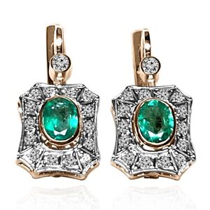 European stye Genuine Emerald & Diamond Earrings 14k Solid Two-Tone Gold