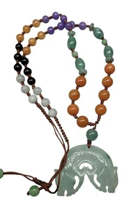 Multicolor Jade Beaded Pendant Necklace Double Dragon Translucent Green 27" - Picture 1 of 18