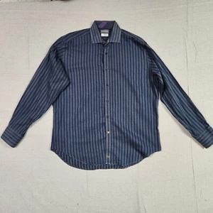 Thomas Dean Shirt Mens Large Gray Striped Button Up Long Sleeve Flip Cuff - Picture 1 of 15