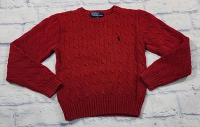 Polo Ralph Lauren KIDS SIZE 7 Cable Knit Sweater Red Crewneck Blue Pony VINTAGE  - Image 1 of 4