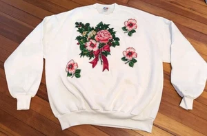 Vintage Jerzees Sweatshirt L/XL Appliqued Roses Floral Art Grandma Cottagecore - Picture 1 of 7
