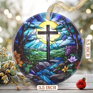Cross Christmas Ornament, 3.5 Inch Ceramic Christmas Hanging Ornament, Cross ... - Picture 1 of 6