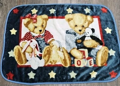 Blue Jean Teddy Bear Plush Fleece Baby Blanket Throw Bunny Panda Stars Vintage - Image 1 of 4