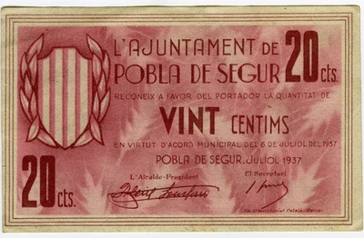 # SPAIN CIVIL WAR 1937 • POBLA SEGUR 20c MUNICIPAL ☆ GUERRA CIVIL ESPAÑOLA☆D1611 - Image 1 of 2