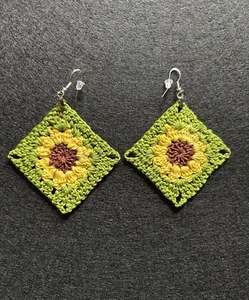 Sunflower Crochet Granny Square Earrings 3" Dangle Handmade Boho Retro Cotton - Picture 1 of 7
