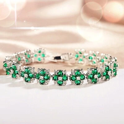 18K White Gold Filled Simulated Clear Crystal Emerald Flower Tennis Bracelet Foto 1 de 4
