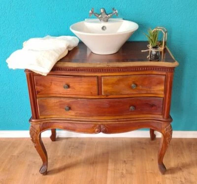 BADMÖBEL-SET KOMMODE WASCHTISCH HOLZ NUSSBAUMTON ANTIK-STIL - Bild 1 von 4