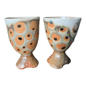 Art Goblet Pair Pottery Ceramic Wine Abstract Glazed Signed Irregular Rim - Picture 1 of 19