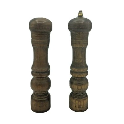 Vintage Wood Saltshaker and Pepper Mill Grinder Shaker Set 8" Tall MCM Japan - Image 1 of 4