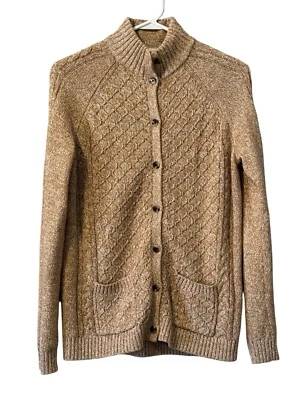 Lands' End Oatmeal Brown Cable Knit Mock Neck Cardigan Sweater Size Small Preppy - Image 1 of 4