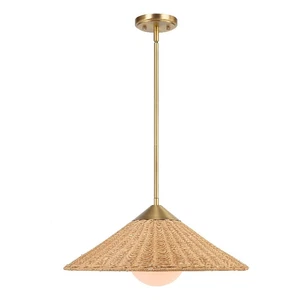 Uttermost Phuvinh 1-Light Rattan & Steel Pendant in Natural/Antique Brass - Picture 1 of 8