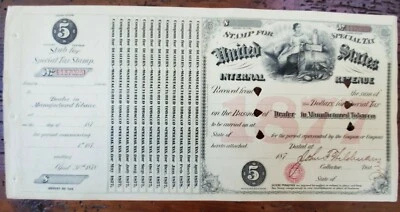 US 1877 $5 Internal Revenue Special Tax Tobacco Dealer Stamp Sheet (02) - Image 1 of 2