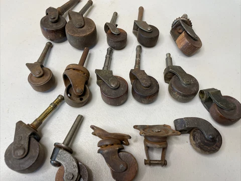 Lot of 16 Antique Vintage Metal & Wood Swivel Wheel Furniture Casters Cover