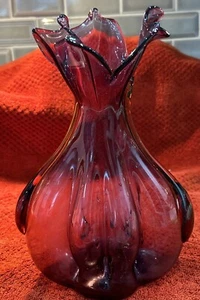 Art Glass studio amethyst with Amber appliqué Vase 9.5”T Handkerchief Top - Picture 1 of 6