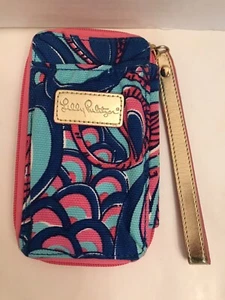 LILLY PULITZER ‘Brewster Blue’ Canvas Wristlet Wallet Gold Metallic Logo & Strap - Picture 1 of 5