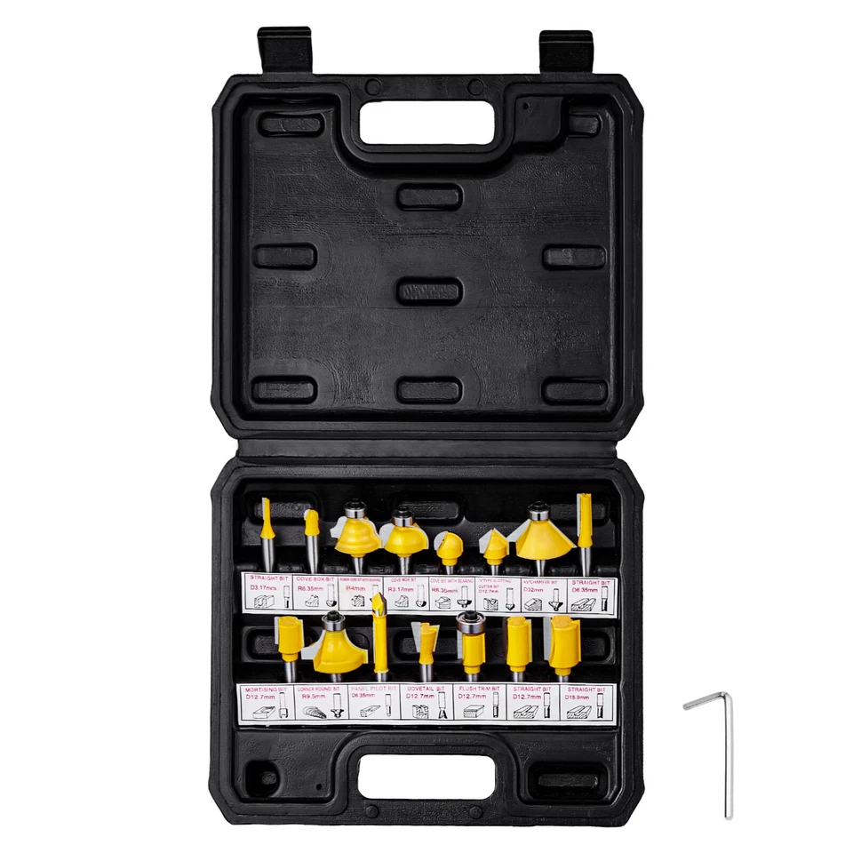 VEVOR Router Bits Set 15 Pieces Carbide Router Bit 1/4 Inch Shank Carrying Case - image 1 of 4