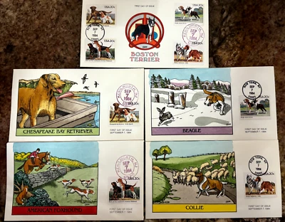 #2098 - 2101  Dogs set of 5 FDC  Hand-painted by Collins - Perfect!!! - Image 1 of 4
