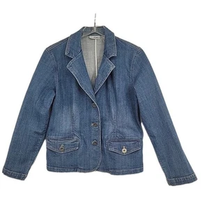 Chicos Platinum Womens Denim Blazer Jacket Size 1 Blue Pretty Metal Buttons - Picture 1 of 13