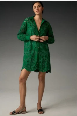 Mini Vestido Camisa Anthropologie Manga Larga Ojales (Sin Forro) Verde Talla S Foto 1 de 4