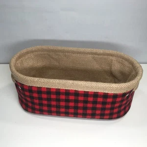 Red Buffalo Plaid & Burlap Storage Basket - Rustic Home Decor Organizer - Picture 1 of 7