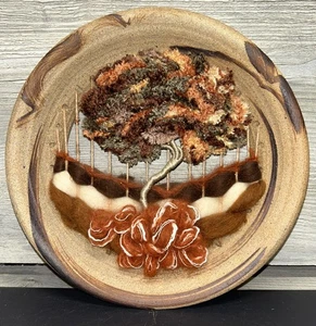 Vintage Boho Wall Hanging Art Pottery w/Yarn Tree Weave Natural Colors 10" (D4) - Picture 1 of 9