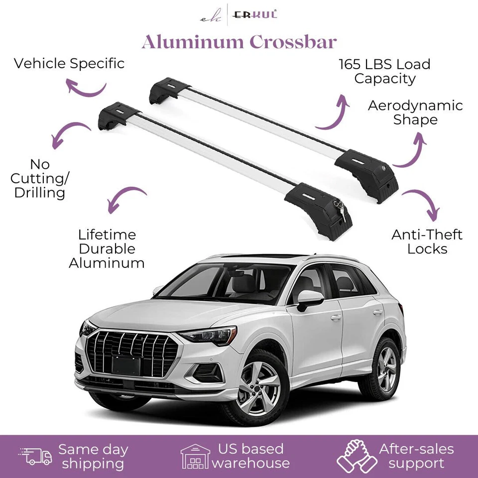 Fits Audi Q3 2019-2025 with Factory Rails 2PCS Roof Rack Cross Bars 165 LBS - Image 1 of 4
