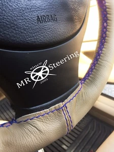 FOR VAUXHALL ZAFIRA A BEIGE LEATHER STEERING WHEEL COVER 99-04 BLUE DOUBLE STCH - Picture 1 of 4