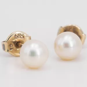 6,6 mm ø - Sencillos pendientes vintage de perlas Akoya para mujer en oro amarillo 585/14K - Imagen 1 de 5