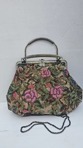Vintage Fabric Beaded Pink Brown Handle And Shoulder Bag Metal Strap Rare Fall - Picture 1 of 8