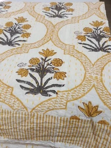 Indian Kantha Handmade Yellow Bedspread Quilt Hand Block Print Twin Size Blanket - Picture 1 of 13