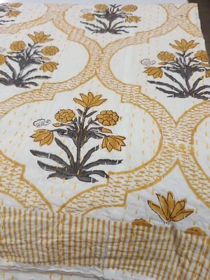 Indian Kantha Handmade Yellow Bedspread Quilt Hand Block Print Twin Size Blanket - Image 1 of 4