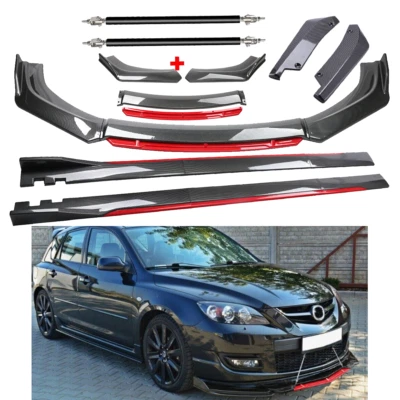 For Mazda 6 5 3 2 Carbon Fiber Look Red Front Lip Chin Bumper Side Skirt Foto 1 de 4