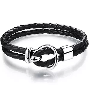 Men's Fashion Double Layer Braided Leather Stainless Steel Bracelet Wristband - Picture 1 of 5