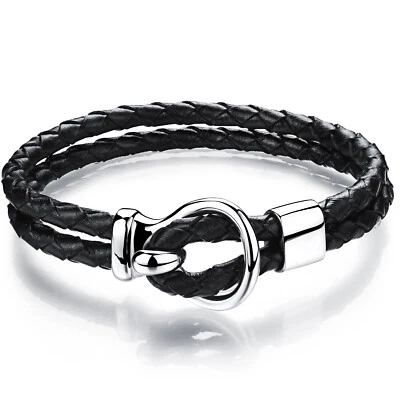 Men's Fashion Double Layer Braided Leather Stainless Steel Bracelet Wristband - Image 1 of 4