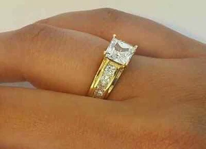 3Ct Princess Cut Lab Created Women's Diamond Wedding Ring 14k Yellow Gold Plated - Picture 1 of 3