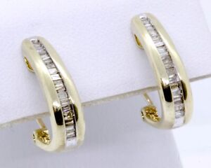 10K Solid Yellow Gold Channel Set Baguette Diamond Omega Back Oval Hoop Earrings