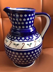 BOLESLAWIEC Handmade Polish Pottery Large Pitcher Xmas 10” Candy Cane & Holly - Picture 1 of 4