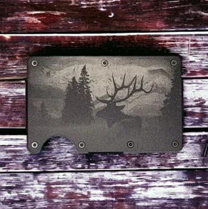 Graviert in USA, "Elk In The Mountains" schmale Geldbörse, RFID Schutz, Jäger - Bild 1 von 3