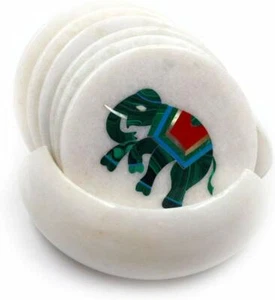 Marble coaster set semi precious stones inlay Art Handmade Home Room Decor - Picture 1 of 3