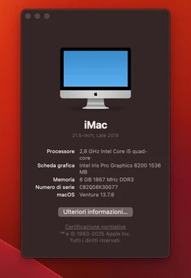 Apple iMac16,2-21.5-Inch, Late 2015. INTEL CORE ™ i5_5575R CPU 2,80GHz quad_core - Immagine 1 di 4