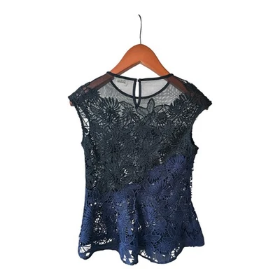 ANTHROPOLOGIE Deletta Garden Guise 蕾丝透明短袖衬衫 XS 码海军蓝 — 第 1/4 张图片