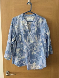 Women's M&S 100% Linen Light Blue Floral Blouse Size 14-16 - Picture 1 of 6