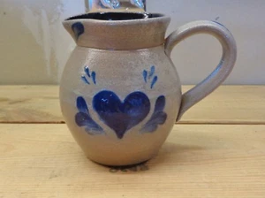 Vintage 2002 Rowe Pottery Works Creamer Pitcher Blue Heart Salt Glazed Pottery - Picture 1 of 11