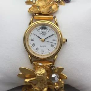 Kirks Folly Moon Phase Watch Women 25mm Gold Tone Flower Cherub New Battery 7.5" - Picture 1 of 16