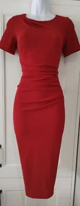 Womens Diva Catwalk Red Ribbed Draped Stretch Short Sleeve Midi Bodycon Dress S  - Picture 1 of 11