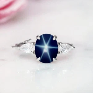 Blue Star Sapphire Oval Artisan Ring Genuine Lindy Blue Star Ring for Women - Picture 1 of 4