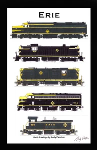 Póster de locomotoras de ferrocarril Erie 11""x17"" en tapete de 12""x18"" firmado por Andy Fletcher - Imagen 1 de 1