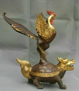 12 China Bronze Gilt Fengshui Rooster Cock on Dragon Tortoise Turtle Staute - Picture 1 of 15