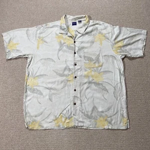 Arrow Silk Shirt Mens XL Rayon White Beige Jacquard Leaf Pattern Hawaiian USA - Picture 1 of 8