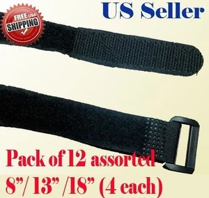 12 Assorted 8" 13" 18"  Fastener Cable Tie Down Strap Reusable Hook and Loop - Picture 1 of 3